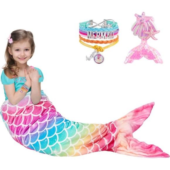 Mermaid Tail Blanket -Wearable Mermaid Soft Blanket with Sequin Hairpin Bracelet - Picture 1 of 6